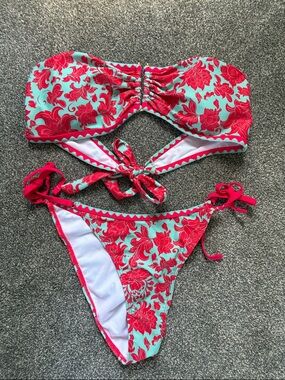 Floral Bandeau Bikini Set in Mint and Bright Pink